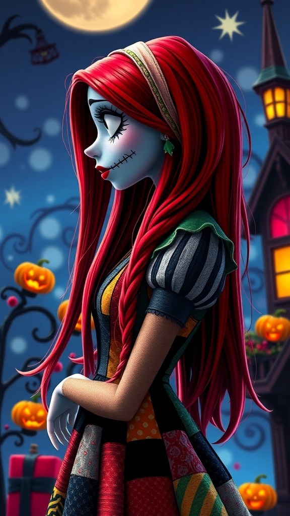 Sally from The Nightmare Before Christmas with red hair and patchwork dress, perfect for a profile picture.
